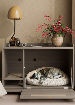 Gray Cat Litter Box Enclosure,Hidden Litter Box Furniture with top side fence,Wooden Pet House Side End Table, Storage Cabinet Bench for Living Room,,Bedroom, Fit Most of Litter Box