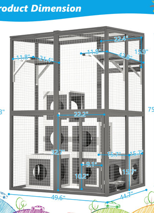Outdoor Wooden Cat Catio - Large Solid Wood Cat Cage Playpen with 2 Jumping Platforms & 7 Napping Houses, Walk-in Cat Kennel Condo Shelter, Grey