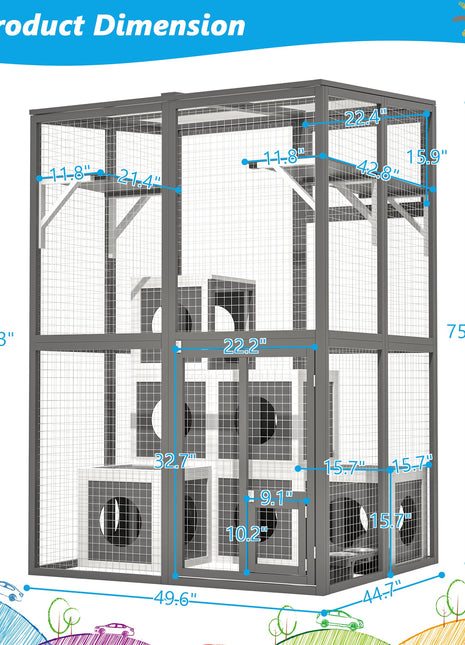 Outdoor Wooden Cat Catio - Large Solid Wood Cat Cage Playpen with 2 Jumping Platforms & 7 Napping Houses, Walk-in Cat Kennel Condo Shelter, Grey
