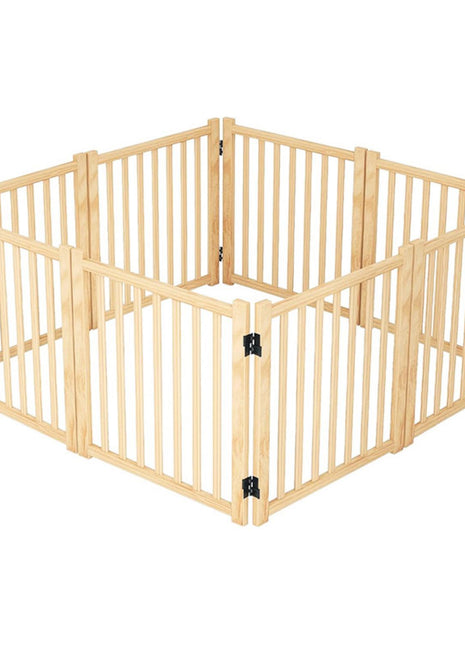 8-Panel Wooden Freestanding Dog Gate, Step Over Indoor Pet Fence for Doorways and Stairs