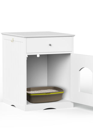 Wooden Pet House Cat Litter Box Enclosure with Drawer, Side Table, Indoor Pet Crate, Cat Home Nightstand (White)