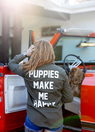 Puppies Make Me Happy Military Button Up | Present For Dog Lover