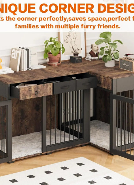 85.4" Rustic Double Dog Crate Furniture For 2 Dogs
