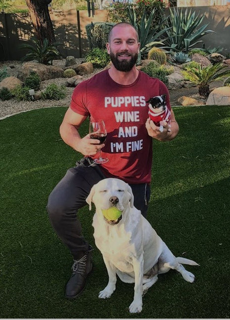 Puppies Wine & I'm Fine Unisex Crewneck Tee | Gift for Dog Moms | Wine Lovers