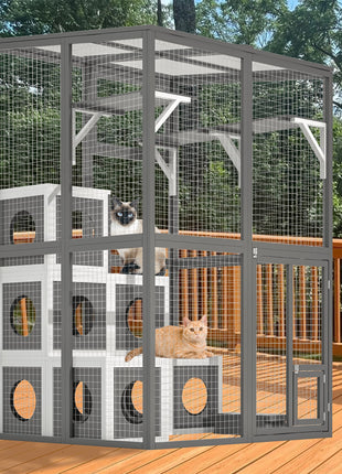 Outdoor Wooden Cat Catio - Large Solid Wood Cat Cage Playpen with 2 Jumping Platforms & 7 Napping Houses, Walk-in Cat Kennel Condo Shelter, Grey