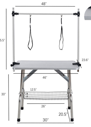 46' Folding Dog Pet Grooming Table Stainless Steel Frame Rubber Mat on Board with Adjustable Arm and Clamps pet dog Cat Grooming Table (SILVER-GRAY COLOR) - Pup List
