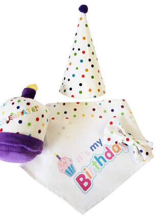 4-Piece Dog Birthday Kit – Celebrate in Style with Bandana, Hat, Bow Tie & Plush Toy