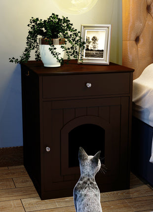Wooden Pet House Cat Litter Box Enclosure with Drawer, Side Table, Indoor Pet Crate, Cat Home Nightstand (Brown)
