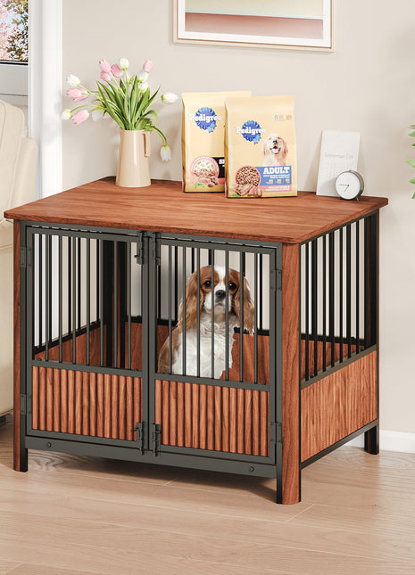 31.5'' Walnut Fluted Wood Furniture Style Dog Crate for small & Medium Dogs - Double Door Design, Decorative Pet House & Indoor Side End Table.