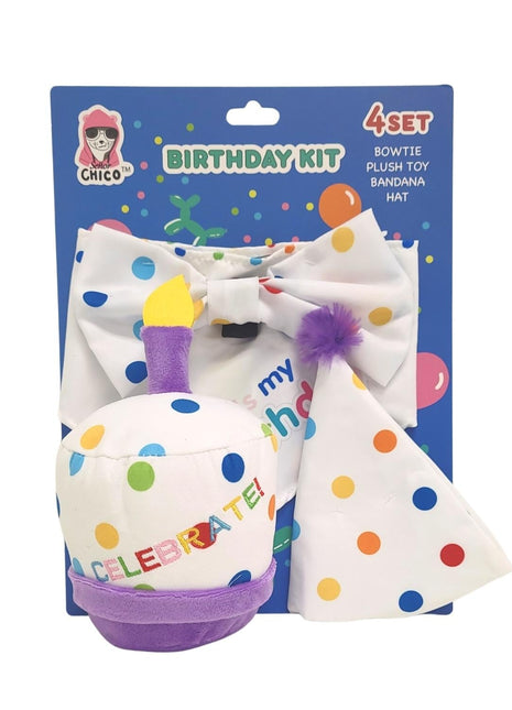 4-Piece Dog Birthday Kit – Celebrate in Style with Bandana, Hat, Bow Tie & Plush Toy