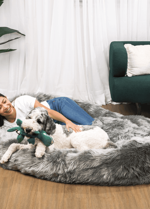 PupCloud™ Human-Size Faux Fur Memory Foam Dog Bed - Charcoal Grey