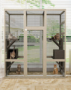 Large Outdoor Gray Wooden Catio – Solid Wood Cat Enclosure with 5 Platforms & 2 Resting Boxes, UV-Resistant & Waterproof Outdoor Cat House Shelter Playpen