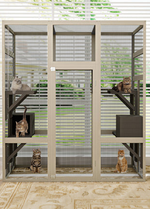 Large Outdoor Gray Wooden Catio – Solid Wood Cat Enclosure with 5 Platforms & 2 Resting Boxes, UV-Resistant & Waterproof Outdoor Cat House Shelter Playpen