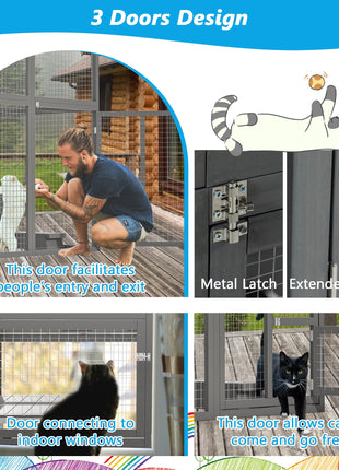 Outdoor Wooden Cat Catio - Large Solid Wood Cat Cage Playpen with 2 Jumping Platforms & 7 Napping Houses, Walk-in Cat Kennel Condo Shelter, Grey