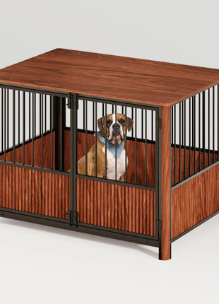 43'' Walnut Fluted Wood Furniture Style Dog Crate for Large & Medium Dogs - Double Door Design, Decorative Pet House & Indoor Side End Table.