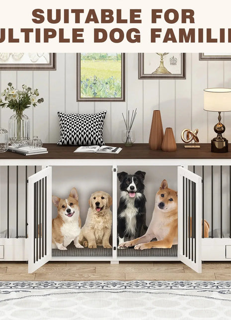 86.6" Angus Double Dog Crate Furniture For 2 Dogs With Bowl