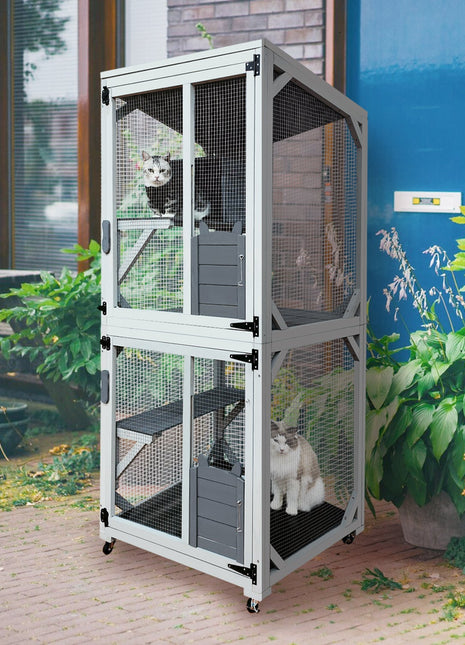 30.7'  Wooden Catio Outdoor Cat Enclosure, Luxury Cat House on Wheels with Napping House, 4 Platforms & Weatherproof Asphalt Roof, Large Kitty Cat Condo Cage Shelter Playpen with Sliding Doors