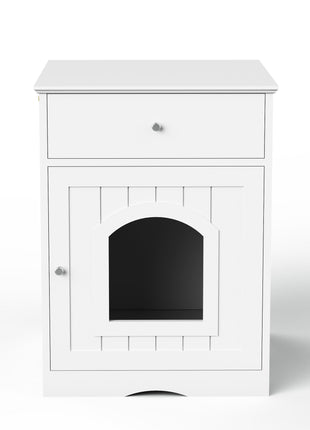 Wooden Pet House Cat Litter Box Enclosure with Drawer, Side Table, Indoor Pet Crate, Cat Home Nightstand (White)