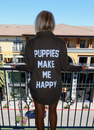 Puppies Make Me Happy Military Button Up | Present For Dog Lover