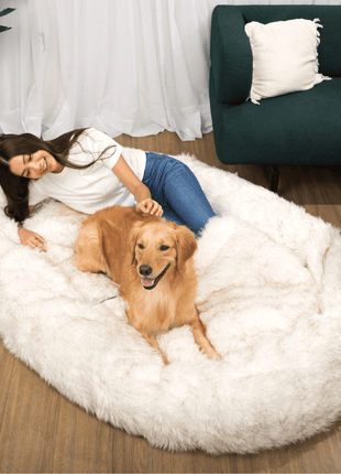 PupCloud™ Human-Size Faux Fur Memory Foam Dog Bed - White with Brown Accents