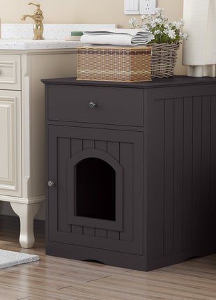 Wooden Pet House Cat Litter Box Enclosure with Drawer, Side Table, Indoor Pet Crate, Cat Home Nightstand (Brown)