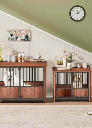 43'' Walnut Fluted Wood Furniture Style Dog Crate for Large & Medium Dogs - Double Door Design, Decorative Pet House & Indoor Side End Table.