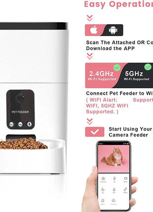 Automatic Pet Feeder with Camera, App Control, Voice Recorder, Timed Feeder for Schedule Feeding, Dual Power Supply,Wifi Pet Food Dispenser with App Control