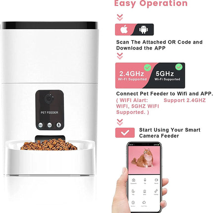 Automatic Pet Feeder with Camera, App Control, Voice Recorder, Timed Feeder for Schedule Feeding, Dual Power Supply,Wifi Pet Food Dispenser with App Control