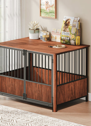43'' Walnut Fluted Wood Furniture Style Dog Crate for Large & Medium Dogs - Double Door Design, Decorative Pet House & Indoor Side End Table.