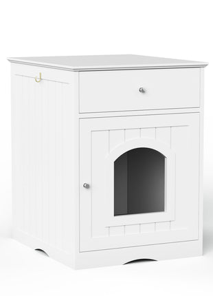 Wooden Pet House Cat Litter Box Enclosure with Drawer, Side Table, Indoor Pet Crate, Cat Home Nightstand (White)