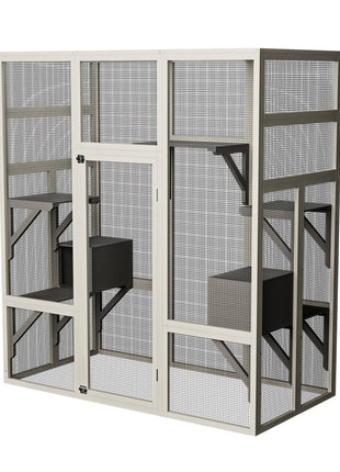 Large Outdoor Gray Wooden Catio – Solid Wood Cat Enclosure with 5 Platforms & 2 Resting Boxes, UV-Resistant & Waterproof Outdoor Cat House Shelter Playpen