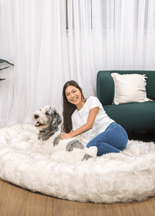 PupCloud™ Human-Size Faux Fur Memory Foam Dog Bed - White with Brown Accents