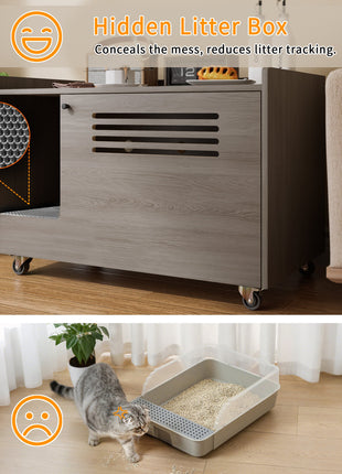 Gray Cat Litter Box Enclosure,Hidden Litter Box Furniture with top side fence,Wooden Pet House Side End Table, Storage Cabinet Bench for Living Room,,Bedroom, Fit Most of Litter Box