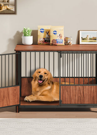 43'' Walnut Fluted Wood Furniture Style Dog Crate for Large & Medium Dogs - Double Door Design, Decorative Pet House & Indoor Side End Table.