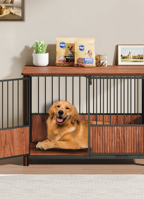 43'' Walnut Fluted Wood Furniture Style Dog Crate for Large & Medium Dogs - Double Door Design, Decorative Pet House & Indoor Side End Table.