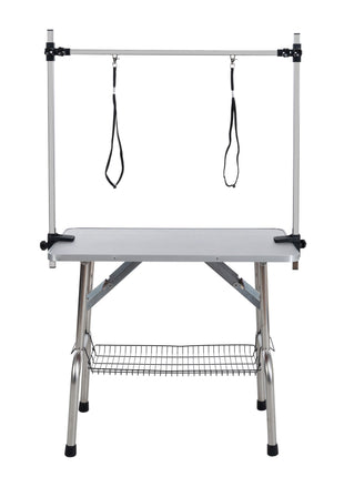 46' Folding Dog Pet Grooming Table Stainless Steel Frame Rubber Mat on Board with Adjustable Arm and Clamps pet dog Cat Grooming Table (SILVER-GRAY COLOR) - Pup List