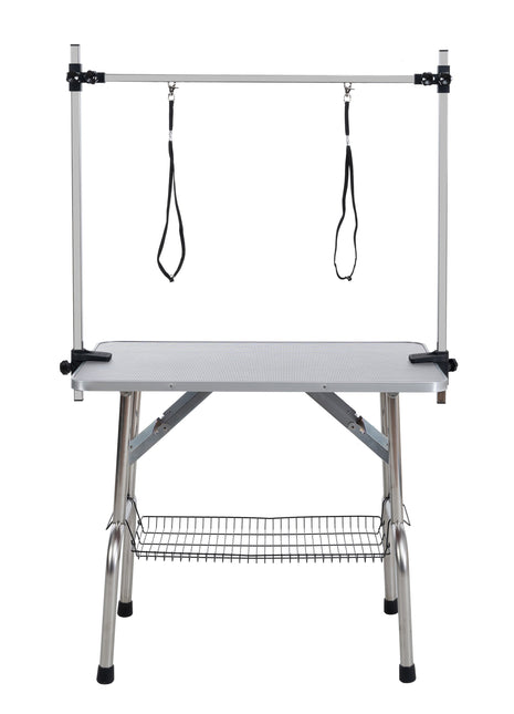 46' Folding Dog Pet Grooming Table Stainless Steel Frame Rubber Mat on Board with Adjustable Arm and Clamps pet dog Cat Grooming Table (SILVER-GRAY COLOR) - Pup List