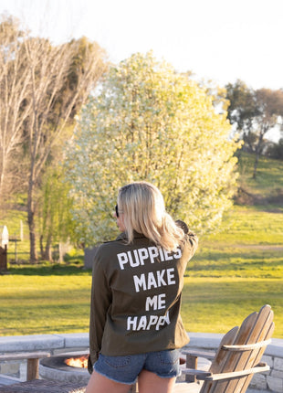 Puppies Make Me Happy Military Button Up | Present For Dog Lover