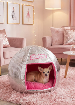 Barbie Dog Bed, Barbie Disco Ball Quilt with Pink Plush Interior, Dome
