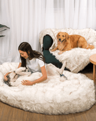 PupCloud™ Human-Size Dog Bed + Matching Waterproof Blanket Bundle - White with Brown Accents