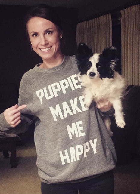 Puppies Make Me Happy | Tri-Blend Gray Crewneck Sweatshirt | MISPRINT