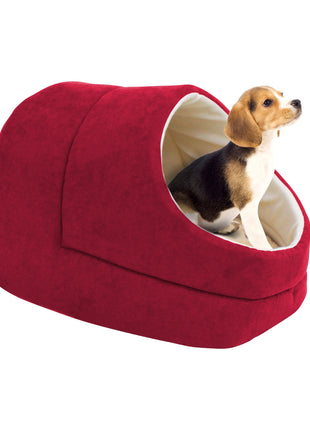 GOOPAWS Cave Covered Cat & Small Dog Warming Burrow Cat Bed, Burgundy - Pup List