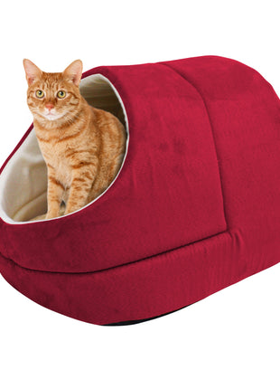 GOOPAWS Cave Covered Cat & Small Dog Warming Burrow Cat Bed, Burgundy - Pup List