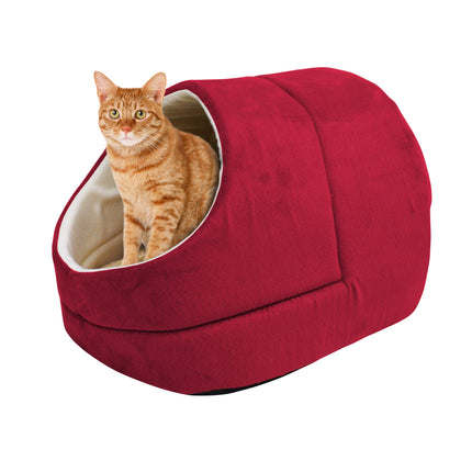 GOOPAWS Cave Covered Cat & Small Dog Warming Burrow Cat Bed, Burgundy - Pup List