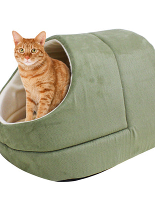 GOOPAWS Cave Covered Cat & Small Dog Warming Burrow Bed, Sage Green - Pup List