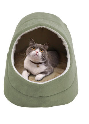 GOOPAWS Cave Covered Cat & Small Dog Warming Burrow Bed, Sage Green - Pup List