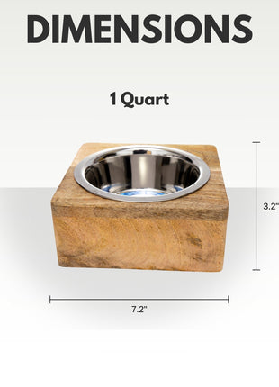 Country Living Elegant Stainless Steel Dog Bowl with Square Mango Wood Holder – 1 Quart