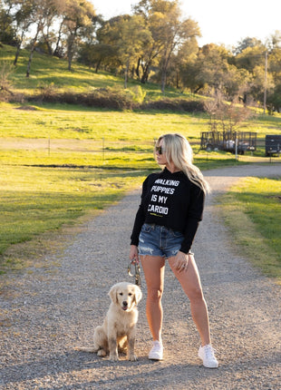 Walking Puppies is My Cardio Crop Hoodie | Leopard Print Font | Gift for Dog Moms | Printed in USA
