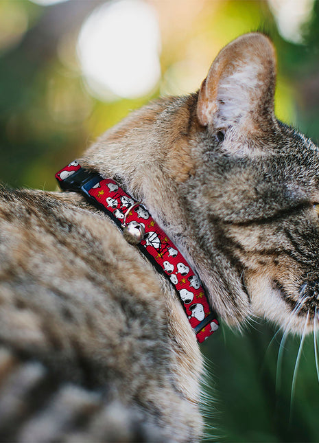 Breakaway Cat Collar with Bell - Peanuts Snoopy and Woodstock Poses Scattered Red