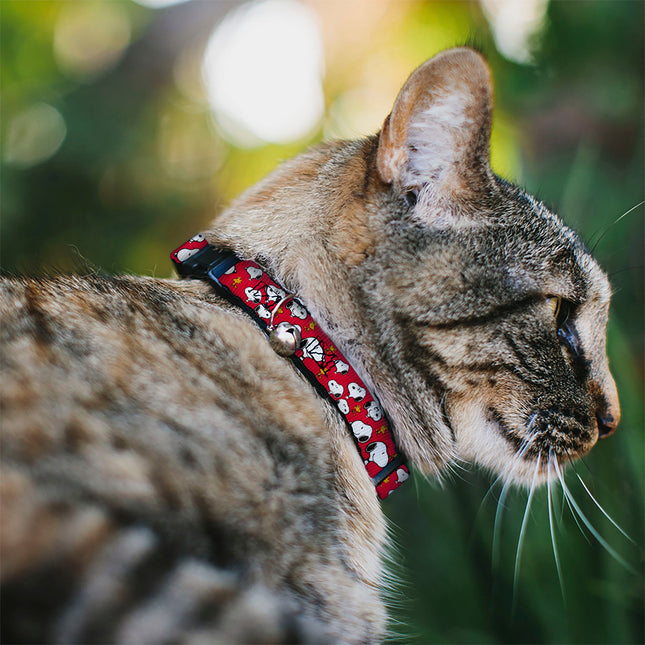 Breakaway Cat Collar with Bell - Peanuts Snoopy and Woodstock Poses Scattered Red